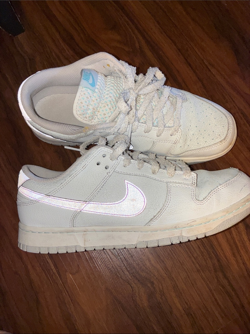 Men size 10 Nike White Low-Top Sneakers with Iridescent Swoosh